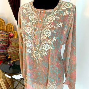 CALYPSO Christiano Celle Long Sleeve Embroidered Sheer Print Silk Top! Medium